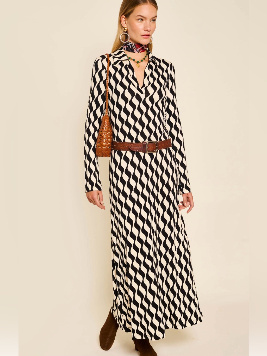 Rixo Long Sleeve Mono Wave Tillie Dress